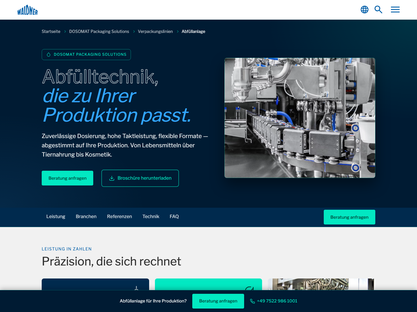 Screenshot Produktseite mutige Variante — dunkler Hero in Navy + Mint, Bento-Leistungsdaten