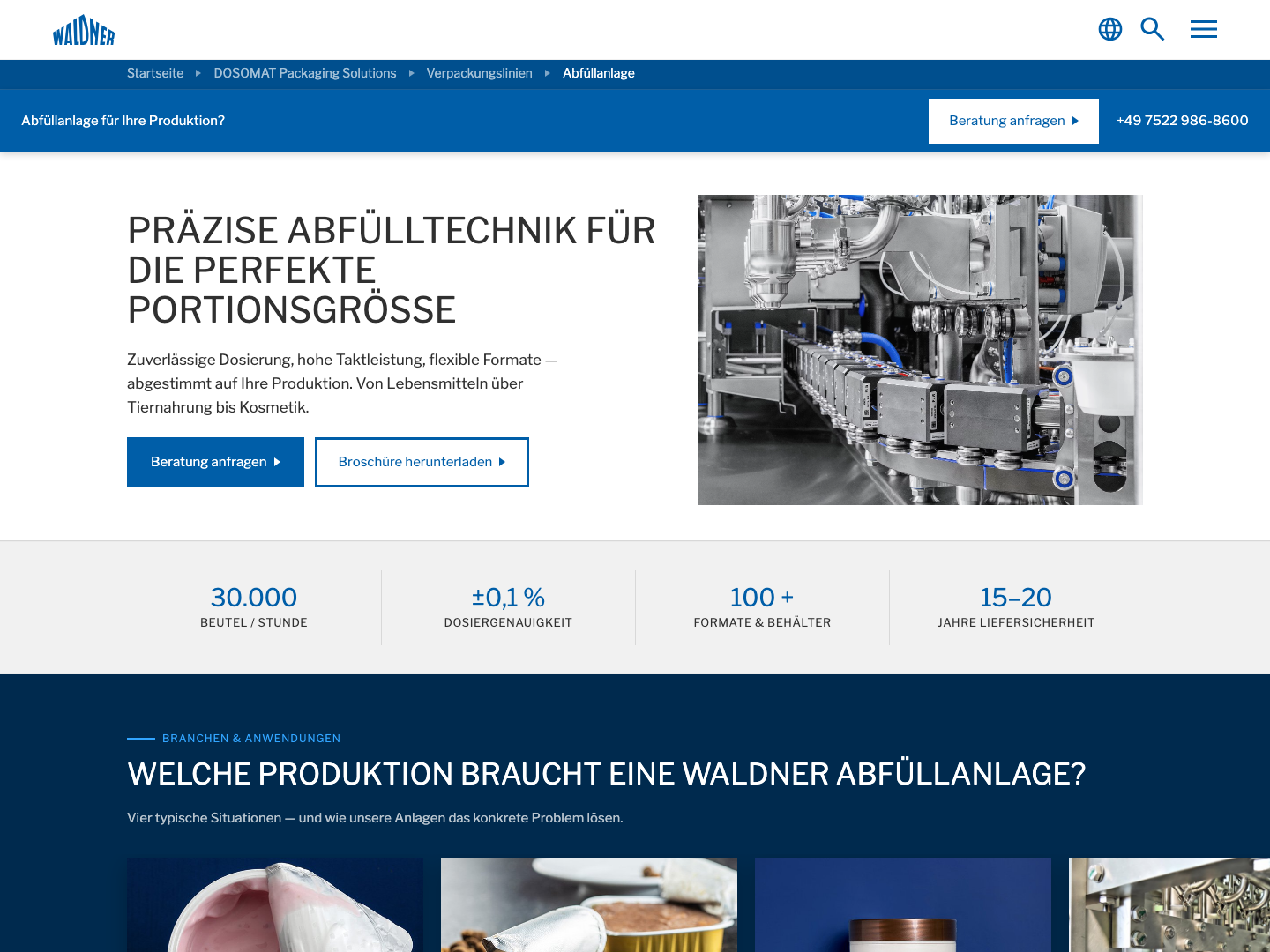 Screenshot Produktseite CD-treue Variante — zweispaltiger Hero, Leistungsdaten-Band, Branchen-Sektion